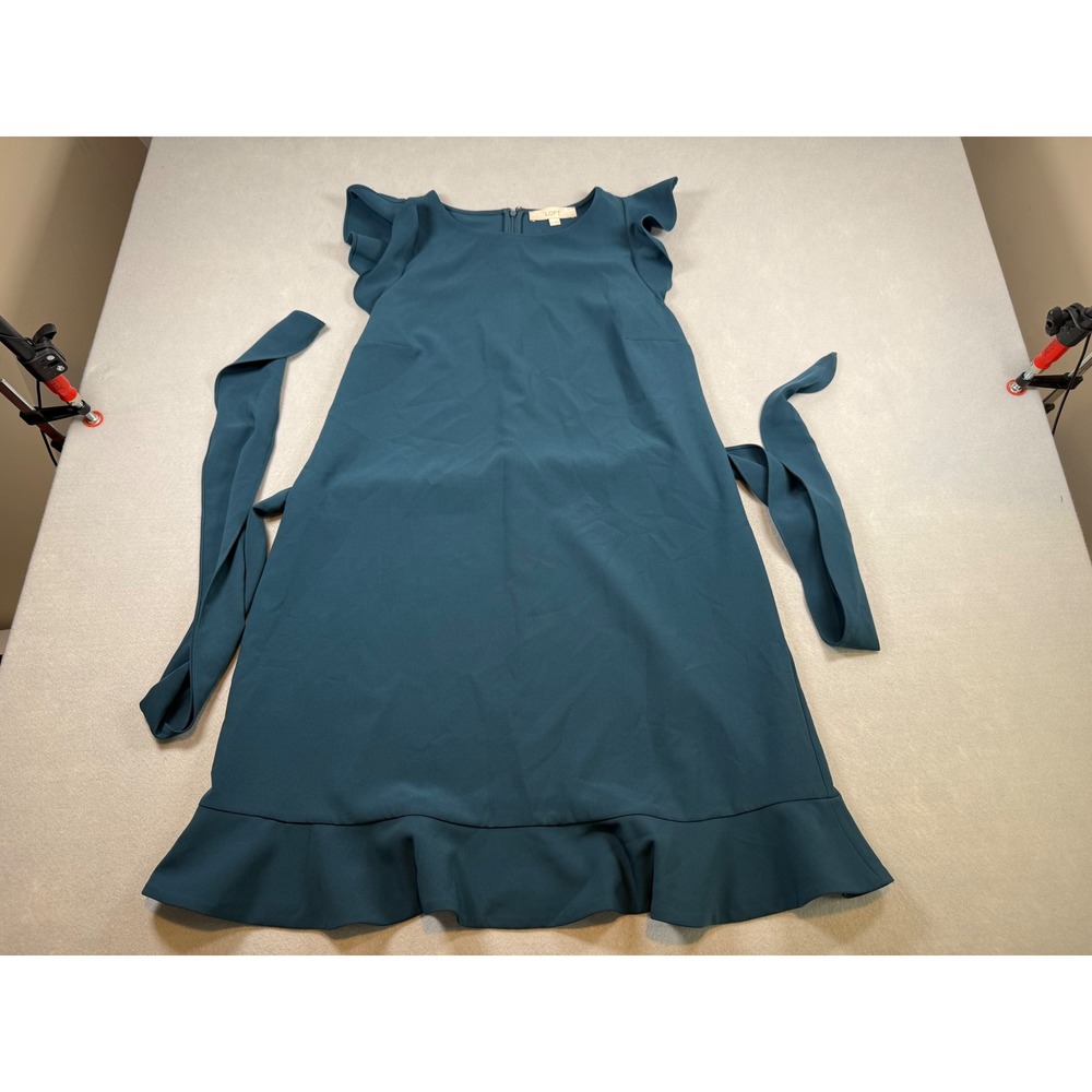 LOFT Womens Teal Blue Flutter Sleeve Ruffle Hem Shift Dress with Tie Waist 12